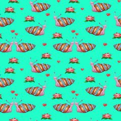 Materiał do szycia Bright seamless pattern with funny cartoon animals. Hand-drawn watercolor snails with flowers and hearts. Background for children's textiles, packaging and decoration.