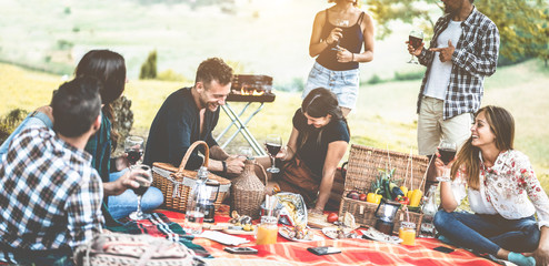 Happy adult friends having picnic bbq dinner outdoor - Young people eating and drinking wine in summer weekend day - Friendship, food, hanging and trendy concept - Main focus on center man face