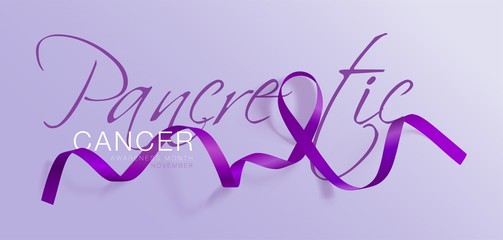 Pancreatic Cancer Awareness Calligraphy Poster Design. Realistic Purple Ribbon. November is Cancer Awareness Month. Vector Illustration