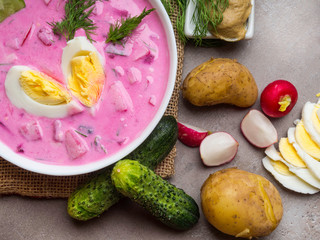 Cold beet soup with egg - traditional Belorussian, Latvian, Lithuanian, Polish, Russian and Ukrainian soup made with chard or beetroot, cucumber, radishes, sour cream, soured milk or yogurt.