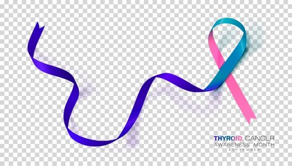 Fototapeta na wymiar Thyroid Cancer Awareness Month. Teal and Pink and Blue Color Ribbon Isolated On Transparent Background. Vector Design Template For Poster.