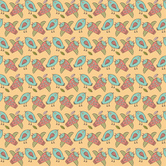 Bright seamless pattern with birds in nice area. Endless texture for vivid design, advertising, greeting cards, posters, advertising.Abstract background. Vector. Printing on fabric, texture.