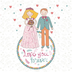 Vintage style cartoon of bride and groom with floral ornaments and heart. Lettering together forever. Cute style for wedding card and invitation. Vector illustration.