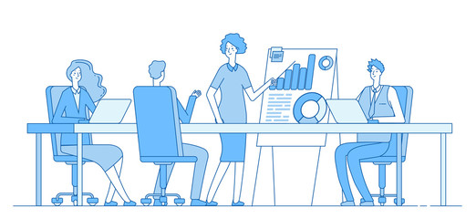 Business meeting concept. Businesswoman on presentation with team. People office conference. Successful teamwork vector background. Illustration of meeting team in office, show conference presentation