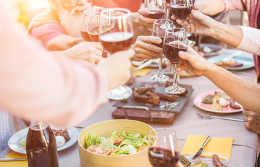 Happy trendy family cheering with red wine at barbecue dinner outdoor - Different age of people having fun at sunday meal - Food, taste and summer concept - Focus on right bottom glass