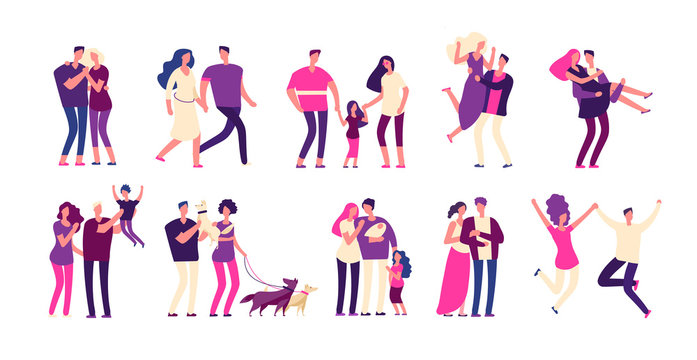 Romantic people set. Happy couples hug kiss boyfriend girlfriend lover beautiful young romantic family man woman love isolated vectors. Boyfriend and girlfriend couple, happy woman man illustration
