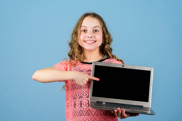 startup business. child development in digital age. Play & internet surfing. happy little girl with...
