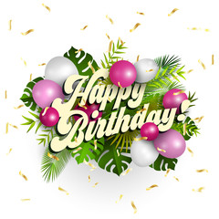 Text happy birthday with white and pink balloons and tropical leaves on blue background, illustration