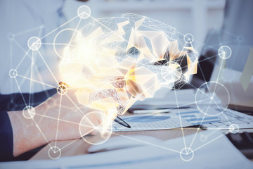 Brain multi exposure icon with man hands background.