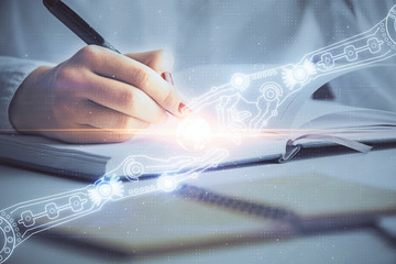 Human's hands with data theme multi exposure background drawings. Concept of innovation.