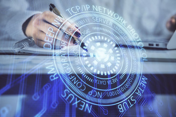 Multi exposure of woman's writing hand on background with data technology hologram. Concept of innovation.