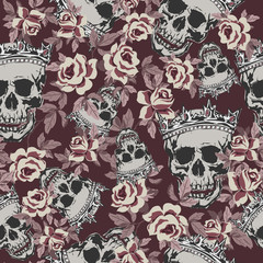 Seamless vector patterns with grunge  crowned human skulls and roses