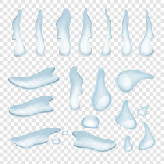 A set of realistic vector drops of water flow down isolated on transparency background, Glass bubble or natural clear crystal splash