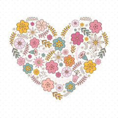 Floral heart in cute style. Flowers for romantic design, decorations, greeting cards, posters, wedding invitations, advertising.