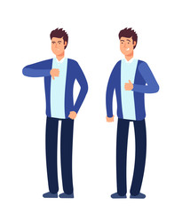 Like dislike man. Happy, angry businessman with good bad approvals gesture social media and business decision choice vector concept. Illustration of positive gesture and negative dislike symbol
