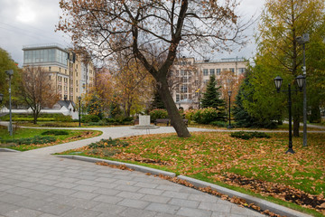 Autumn park in Marfo-Mariinsky cloister of mercy. Moscow. Russia