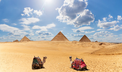 Egypt Pyramids panorama with two camels under the clouds