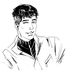 Fashion illustration, guy, monochrome portrait, hand drawin