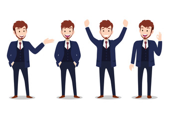 Businessman cartoon character, set of four poses. Handsome business man in office style smart suit . Vector illustration