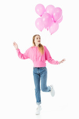 curious teenage girl with pink balloons isolated on white