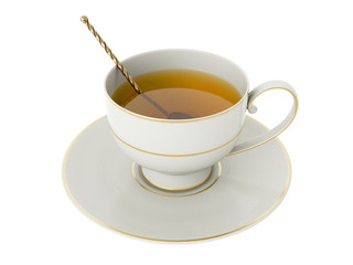 Antique white porcelain cup with tea, gold tea spoon on white. 3D Illustration