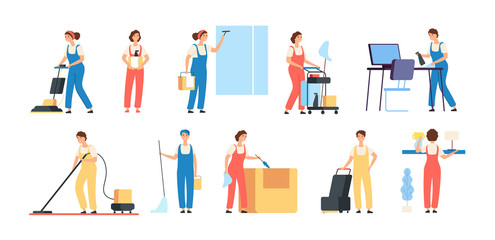 Cleaner persons. Cleaning service workers male female cleaners in uniform vacuuming housemaids household equipment vector characters. Illustration of clean staff with mop and tools, character cleaner