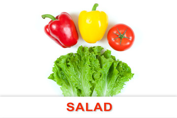 Fresh colorful organic vegetables captured from above (top view, flat lay) isolated on a white background. Layout with free (copy) space. Healthy food conception. Ingredients for salad