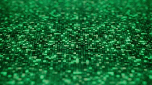 Flashing hexadecimal symbols on a green computer screen compose BITCOIN word. Loopable 3D animation