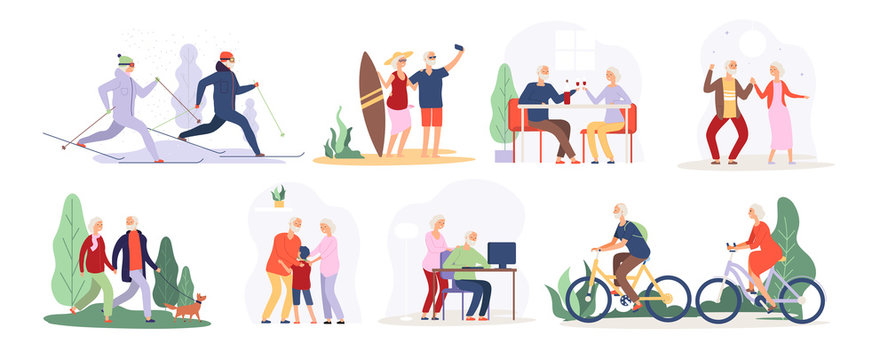 Elderly People. Senior Grandfather Grandmother Couple Sport Tourist Granny Elderly People Walking Running Cycling Dancing Vector Set. Active Lifestyle Cycling And Running Illustration