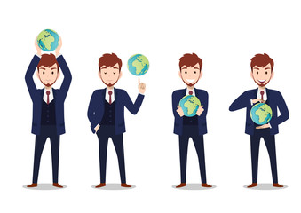 Businessman cartoon character, save the world or save the earth concept with set of four poses. Handsome business man in office style smart suit . Vector illustration
