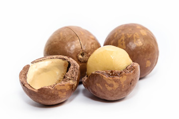 Macadamia oil and nuts on white background