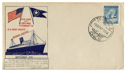 Tocopilla, Chile - 15 October 1941: historical envelope: cover with a cachet New York and  Cuba Mail  Steamship co. SS Agwi Monte maiden voyage, overprint with changes due to world war II