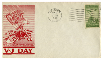 Camden, New Jersey, The USA - 2 September 1945: US historical envelope: cover with a cachet V-J day, American eagle tears the flag of the rising sun country, the Victory over Japan, Iwo Jima stamp