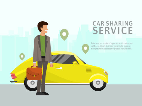 Car sharing landing page online transportation concept vector illustration. People use website to order online transportation car based on GPS. Man near urban auto design.