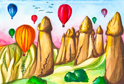 Watercolor illustration Turkey Cappadocia. Watercolor picture of balloon with landscape view Cappadocia at Turkey.