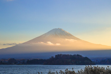 Fototapeta na wymiar Mt. Fuji over Lake Kawaguchiko with flower garden at sunset in Fujikawaguchiko, Japan.
