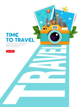 Travel and vacation concept with famous landmarks, tropical leafs, photo frames and camera. Summer poster design. Abstract perspective road to adventure. Vector illustration
