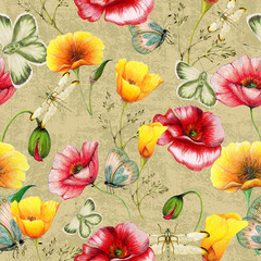 Hand drawn botanical seamless pattern of poppies,insects on grunge background