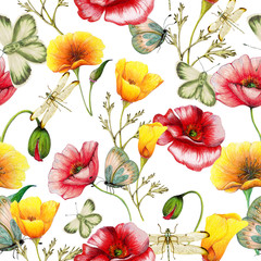 Hand drawn botanical seamless pattern of garden wildflowers,plants