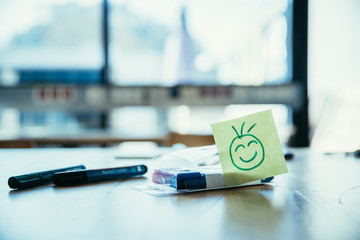 Feedback, motivation and workshop concept: Smiley Illustration on a working place, pens and window in the background
