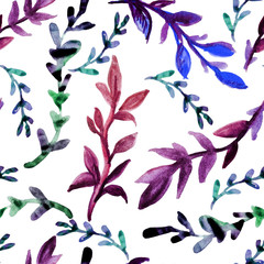 Seamless pattern of watercolor leaves and twigs. Print for fabric and other surfaces. Leaves and branches are drawn by hand. Abstract seamless pattern on a white background.