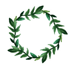 A round wreath of green leaves and twigs. Drawn by hand in watercolor on an isolated white background. Postcard, holiday decoration