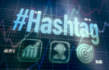 Hashtag concept on a blue dot matrix computer display.