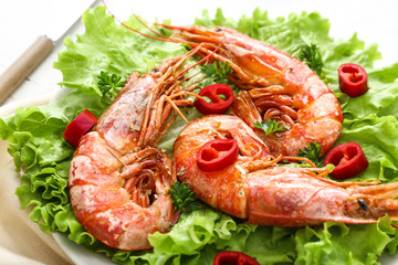 Tasty shrimps on plate, closeup