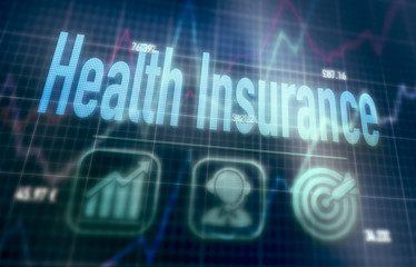 Health Insurance concept on a blue dot matrix computer display.