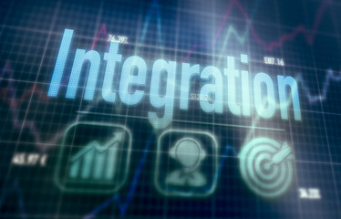 Integration concept on a blue dot matrix computer display.