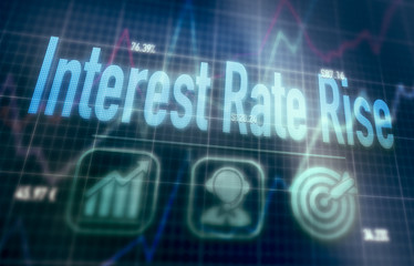 Interest Rate Rise concept on a blue dot matrix computer display.