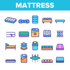 Mattress Types And Material Vector Linear Icons Set. Orthopedic And Antiallergic Comfortable Mattress Outline Symbols Pack. Bio And Organic Breathable Bedding Isolated Contour Illustration