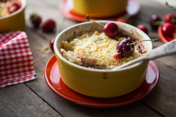 sweet pie. crumble with strawberries and red merry. Summer strawberry tart with crumble, top view
