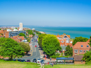 Aerial view over Eastbourne seafront from the South Downs near Beachy Head, East Sussex, England, UK.